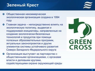 Зеленый Крест

Общественная некоммерческая
экологическая организация создана в 1994
году
Главная задача – непосредственно влиять на
экологическую политику, выдвигая и
поддерживая инициативы, направленные на
создание экологически-безопасных
технологий и продуктов при помощи
полезных образовательных программ,
актуальных законопроектов и других
элементов системы устойчивого развития
Северо-Западного Федерального округа
Организация выступает за партнерство с
общественными организациями, с органами
власти и деловыми кругами,
содействующими охране окружающей среды

                                             5
 