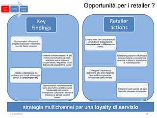 Brand &
Market
            Strategy &
             Planning
                         Management
                          Return &
                                                                                  Opportunità per i retailer ?
 Insight                   Analysis




                                         Key                                                                Retailer
                                      Findings                                                              actions
                                                                                  Creare tools per comparare più
              I consumatori utilizzano il                                            prodotti per sollecitare la
            proprio mobile per informarsi                                         «trasparenza» e «fiducia» nel
                mentre fanno acquisti                                                          brand



                                            Il cliente «showroomers» è più                                          I Retailers possono influenzare
                                              incline ad iscriversi a e-mail,                                        il consumatore e convertire le
                                                 scaricare app e ricevere                                           ricerche in store in opportunità
                                            coupon/deals, seguendo il suo                                                   di «connessione»
                                             brand sulle piattaforme social

                                                                                      Collegare l’esperienza
              I retailers distinguono tra                                          dall’online allo store facendo
           «online» and «brick and mortar                                             leva sulla componente
             sales», i consumatori NO                                               emozionale della vendita


                                             I consumatori «showroomers»
                                             sono più inclini a testare nuove                                        Integrare touch points ad ogni
                                                  funzionalità del proprio                                            fase del processo di acquisto
                                            smartphone, utilizzare i servizi di
                                                checkout e servizi location
                                                          based



                             strategia multichannel per una loyalty di servizio
           13/10/2012                                                                                                                             13
 