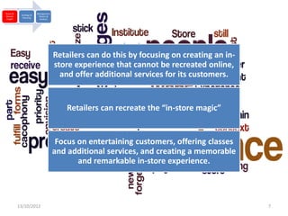 Brand &                  Management
            Strategy &
Market                    Return &
             Planning
 Insight                   Analysis




                                      Retailers can do this by focusing on creating an in-
                                      store experience that cannot be recreated online,
                                        and offer additional services for its customers.


                                          Retailers can recreate the “in-store magic”


                                       Focus on entertaining customers, offering classes
                                      and additional services, and creating a memorable
                                             and remarkable in-store experience.




           13/10/2012                                                                        7
 