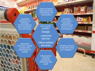 Essere presenti
                                  negli spazi/tempi
                                  «interstiziali» del
                                    consumatore

                «seamless                                  ascoltare i
              shopping» tra                              consumatori e
                marketing,                                rispondere.
             merchandising in                            «Retail Brands
             store operations       Ed il punto          are part of the
              & e-commerce           vendita?            conversation»
                                     Design
                                    customer
                                     service
                 Influenzare
                                  Value-added
             fornendo un facile     services            Sfruttare accesso
                accesso alle                            ai dati,alle risorse
              informazioni sui                           ed « analytics »
                   prodotti

                                   Influenzare la
                                       shopping
                                     experience,
                                  utilizzando tutti i
                                        canali.

13/10/2012                                                                     8
 
