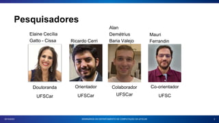 18/10/2023 SEMINÁRIOS DO DEPARTAMENTO DE COMPUTAÇÃO DA UFSCAR 2
Co-orientador
UFSC
Elaine Cecília
Gatto - Cissa
Alan
Demétrius
Baria Valejo
Orientador
UFSCar
Ricardo Cerri
Doutoranda
UFSCar
Mauri
Ferrandin
Colaborador
UFSCar
Pesquisadores
 