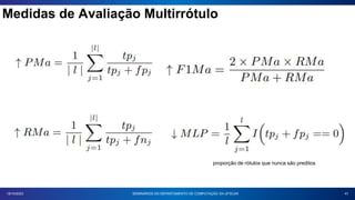 Medidas de Avaliação Multirrótulo
41
18/10/2023 SEMINÁRIOS DO DEPARTAMENTO DE COMPUTAÇÃO DA UFSCAR
proporção de rótulos que nunca são preditos
 