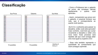 Classificação
5
18/10/2023 SEMINÁRIOS DO DEPARTAMENTO DE COMPUTAÇÃO DA UFSCAR
10 questões
Gabarito Sua Nota
Sua Prova
10 questões
Acertou 6
Errou 4
- Como a Professora tem o gabarito
da prova, ela consegue calcular
rapidamente o quanto você
aprendeu.
- Assim, comparando sua prova com
o gabarito, é possível fornecer sua
nota, que é correspondente ao
quanto você acertou.
-Se 6.0 é o suficiente para passar na
disciplina, então você está aprovado!
Caso contrário, você terá que cursar
novamente a disciplina e obter uma
nova maior. Esse processo será
repetido até que você consiga obter
uma nova igual ou superior a 6.0
- Essa nota também representa a
quantidade de conhecimento que
você conseguiu aprender.
 