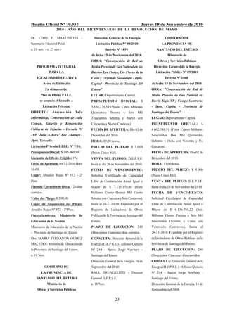Boletín Oficial Nº 19.357 Jueves 18 de Noviembre de 2010
2010 - AÑO DEL BICENTENARIO DE LA REVOLUCION DE MAYO
23
Dr. LEON F. MARTINETTI -
Secretario Electoral Pcial.
e. 18 nov. - v. 23 nov.-
PROGRAMA INTEGRAL
PARA LA
IGUALDAD EDUCATIVA
Aviso de Licitación
En el marco del
Plan de Obras P.I.I.E.
se anuncia el llamado a
Licitación Privada.
OBJETO: Adecuación Sala
Informática, Construcción de Aula
Común, Galería y Reparación
Cubierta de Tejuelas - Escuela Nº
169 "Julio A. Roca" Loc. Añatuya -
Dpto. Taboada.
Licitación Privada P.I.I.E. Nº 7/10.
Presupuesto Oficial: $ 395.060,90.
Garantía de Oferta Exigida: 1%.
Fecha de Apertura: 09/12/2010 Hora
10:00.
Lugar: Absalón Rojas Nº 572 - 2º
Piso.
Plazo deEjecucióndeObra: 120 días
corridos.
Valor del Pliego: $ 200,00.
Lugar de Adquisición del Pliego:
Absalón Rojas Nº 572 - 2º Piso.
Financiamiento: Ministerio de
Educación de la Nación.
Ministerio de Educación de la Nación
- Provincia de Santiago del Estero
Dra. MARIA FERNANDA GOMEZ
MACEDO - Ministra de Educación de
la Provincia de Santiago del Estero.
e. 18 Nov.
GOBIERNO DE
LA PROVINCIA DE
SANTIAGO DEL ESTERO
Ministerio de
Obras y Servicios Públicos
Dirección General de la Energía
Licitación Pública Nº 08/2010
Decreto Nº 1859
de fecha 15 de Noviembre del 2010.
OBRA: "Construcción de Red de
Media Presión de Gas Natural en los
Barrios Los Flores, Los Flores de la
Costa y Virgen de Guadalupe - Dpto.
Capital - Provincia de Santiago del
Estero".
LUGAR: Departamento Capital.
PRESUPUESTO OFICIAL: $
5.536.379,59 (Pesos: Cinco Millones
Quinientos Treinta y Seis Mil
Trescientos Setenta y Nueve con
Cincuenta y Nueve Centavos).
FECHA DE APERTURA: Día 02 de
Diciembre del 2010.
HORA: 09,00 horas.
PRECIO DEL PLIEGO: $ 5.000
(Pesos Cinco Mil).
VENTA DEL PLIEGO: D.E.P.S.E.
hasta el día 26 de Noviembre del 2010.
FECHA DE VENCIMIENTO:
Solicitud Certificado de Capacidad
Libre de Contratación Anual Igual o
Mayor de $ 7.115.170,46 (Siete
Millones Ciento Quince Mil Ciento
Setenta con Cuarenta y Seis Centavos),
hasta el 26-11-2010. Expedido por el
Registro de Licitadores de Obras
Públicasdela Provincia deSantiagodel
Estero.
PLAZO DE EJECUCION: 240
(Doscientos Cuarenta) días corridos.
CONSULTA:Dirección Generaldela
Energía(D.E.P.S.E.)-AlfonsoQuinzio
Nº 244 - Barrio Jorge Newbery -
Santiago del Estero.
Dirección General de la Energía, 16 de
Septiembre del 2010.
RAUL TRUNGELITTI - Director
General D.E.P.S.E.
e. 18 Nov.
GOBIERNO DE
LA PROVINCIA DE
SANTIAGO DEL ESTERO
Ministerio de
Obras y Servicios Públicos
Dirección General de la Energía
Licitación Pública Nº 09/2010
Decreto Nº 1860
de fecha 15 de Noviembre del 2010.
OBRA: "Construcción de Red de
Media Presión de Gas Natural en
Barrio Siglo XX y Campo Contreras
- Dpto. Capital - Provincia de
Santiago del Estero".
LUGAR: Departamento Capital.
PRESUPUESTO OFICIAL: $
4.602.588,91 (Pesos Cuatro Millones
Seiscientos Dos Mil Quinientos
Ochenta y Ocho con Noventa y Un
Centavos).
FECHA DE APERTURA: Día 02 de
Diciembre del 2010.
HORA: 11,00 horas.
PRECIO DEL PLIEGO: $ 5.000
(Pesos Cinco Mil).
VENTA DEL PLIEGO: D.E.P.S.E.
hasta el día 26 de Noviembre del 2010.
FECHA DE VENCIMIENTO:
Solicitud Certificado de Capacidad
Libre de Contratación Anual Igual o
Mayor de $ 6.136.785,22 (Seis
Millones Ciento Treinta y Seis Mil
Setecientos Ochenta y Cinco con
Veintidós Centavos), hasta el
26-11-2010. Expedido por el Registro
de Licitadores de Obras Públicas de la
Provincia de Santiago del Estero.
PLAZO DE EJECUCION: 240
(Doscientos Cuarenta) días corridos.
CONSULTA:Dirección Generaldela
Energía(D.E.P.S.E.)-AlfonsoQuinzio
Nº 244 - Barrio Jorge Newbery -
Santiago del Estero,
Dirección General de la Energía, 16 de
Septiembre del 2008.
 
