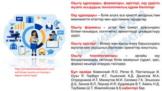https://elizabethahawksworth.com/
well-known-quotes-on-buying-a-
degree-online-legal/
Оқыту құралдары, формалары, әдістері, оқу үрдісін
жүзеге асырудың технологиялық құрам бөліктері
Оқу құралдары – білім алуға аса қажетті авторлық һәм
мемлекеттік кітаптар мен әдістемелік нұсқаулар.
Оқыту формасы – ұстаз бен шәкірт арасындағы
біліми-танымдық (когитивтік) әрекеттерді ұйымдастыру
үрдісі.
Оқыту әдістері – білімді жан-жақты игеру барысындағы
мұғалім мен оқушының бірлескен әрекеттер жиынтығы.
Оқыту технологиялары – арнайы оқу
бағдарламалары негізінде білім мазмұнын (құрал, әдіс,
форма) кешенді игерудің тәсілдері.
Бұл орайда Коменский Я.О, Ратке В, Песталоцци И,
Оуэн Р, Гербарт И,Г, Ушинский К.Д, Данилов М.А,
Огородников И.Т, Махмутов М.И, Селевко Г.К, Эльконин
Д.Б, Занков В.Л, Лернер И.Я, Кудрявцев В.Т, Хмель Н.Д,
Таубаева Ш.Т, Жампейісова Қ.Қ еңбектері бар.
 