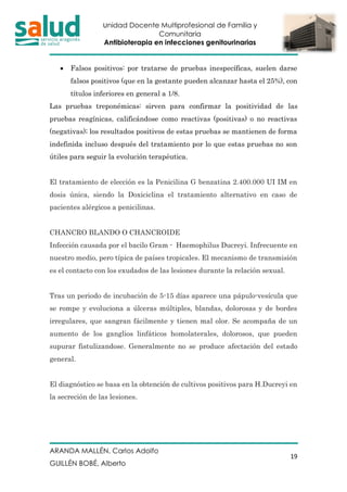 Unidad Docente Multiprofesional de Familia y
Comunitaria
Antibioterapia en infecciones genitourinarias
ARANDA MALLÉN, Carlos Adolfo
GUILLÉN BOBÉ, Alberto
19
• Falsos positivos: por tratarse de pruebas inespecíficas, suelen darse
falsos positivos (que en la gestante pueden alcanzar hasta el 25%), con
títulos inferiores en general a 1/8.
Las pruebas treponémicas: sirven para confirmar la positividad de las
pruebas reagínicas, calificándose como reactivas (positivas) o no reactivas
(negativas); los resultados positivos de estas pruebas se mantienen de forma
indefinida incluso después del tratamiento por lo que estas pruebas no son
útiles para seguir la evolución terapéutica.
El tratamiento de elección es la Penicilina G benzatina 2.400.000 UI IM en
dosis única, siendo la Doxiciclina el tratamiento alternativo en caso de
pacientes alérgicos a penicilinas.
CHANCRO BLANDO O CHANCROIDE
Infección causada por el bacilo Gram - Haemophilus Ducreyi. Infrecuente en
nuestro medio, pero típica de países tropicales. El mecanismo de transmisión
es el contacto con los exudados de las lesiones durante la relación sexual.
Tras un periodo de incubación de 5-15 días aparece una pápulo-vesícula que
se rompe y evoluciona a úlceras múltiples, blandas, dolorosas y de bordes
irregulares, que sangran fácilmente y tienen mal olor. Se acompaña de un
aumento de los ganglios linfáticos homolaterales, dolorosos, que pueden
supurar fistulizandose. Generalmente no se produce afectación del estado
general.
El diagnóstico se basa en la obtención de cultivos positivos para H.Ducreyi en
la secreción de las lesiones.
 