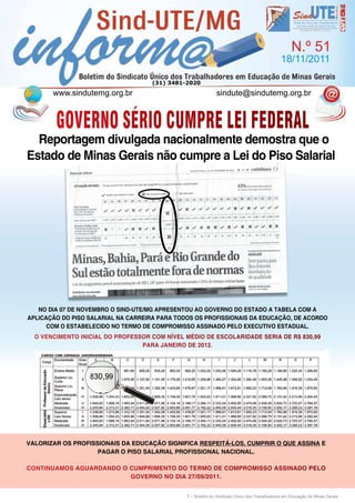 N.º 51
                                                                                              18/11/2011

                                    (31) 3481-2020

       www.sindutemg.org.br                                   sindute@sindutemg.org.br



        GOVERNO SÉRIO CUMPRE LEI FEDERAL
  Reportagem divulgada nacionalmente demostra que o
Estado de Minas Gerais não cumpre a Lei do Piso Salarial




   No dia 07 dE NovEMbRo o SiNd-UTE/MG aPRESENToU ao GovERNo do ESTado a TabELa CoM a
aPLiCação do PiSo SaLaRiaL Na CaRREiRa PaRa TodoS oS PRoFiSSioNaiS da EdUCação, dE aCoRdo
      CoM o ESTabELECido No TERMo dE CoMPRoMiSSo aSSiNado PELo EXECUTivo ESTadUaL.
  o vENCiMENTo iNiCiaL do PRoFESSoR CoM NívEL Médio dE ESCoLaRidadE SERia dE R$ 830,99
                                 PaRa jaNEiRo dE 2012.




vaLoRizaR oS PRoFiSSioNaiS da EdUCação SiGNiFiCa RESPEiTá-LoS, CUMPRiR o qUE aSSiNa E
                    PaGaR o PiSo SaLaRiaL PRoFiSSioNaL NaCioNaL.

CoNTiNUaMoS aGUaRdaNdo o CUMPRiMENTo do TERMo dE CoMPRoMiSSo aSSiNado PELo
                         GovERNo No dia 27/09/2011.


                                               1 - Boletim do Sindicato Único dos Trabalhadores em Educação de Minas Gerais
 