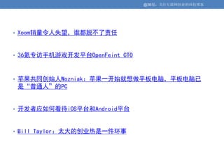 @36氪：关注互联网创业的科技博客




• Xoom销量令人失望，谁都脱不了责任



• 36氪专访手机游戏开发平台OpenFeint CTO



• 苹果共同创始人Wozniak：苹果一开始就想做平板电脑，平板电脑已
 是“普通人”的PC


• 开发者应如何看待iOS平台和Android平台



• Bill Taylor：太大的创业热是一件坏事
 