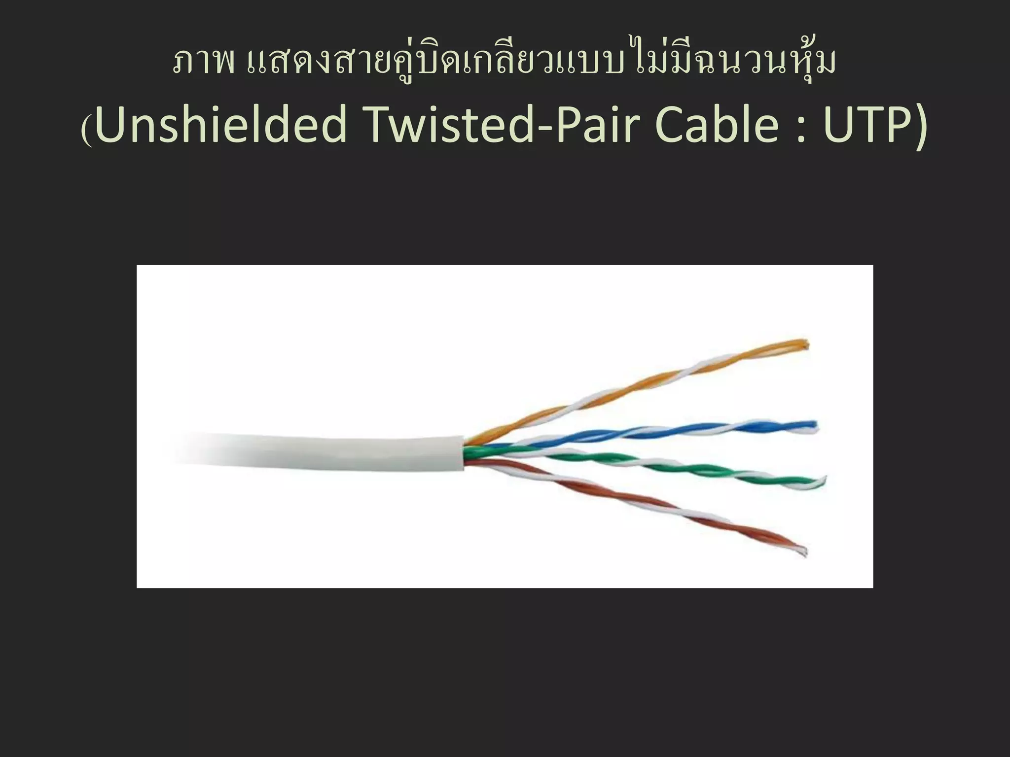 ภาพ แสดงสายคู่บิดเกลียวแบบไม่มีฉนวนหุม
                                         ้
(Unshielded Twisted-Pair Cable : UTP)
 