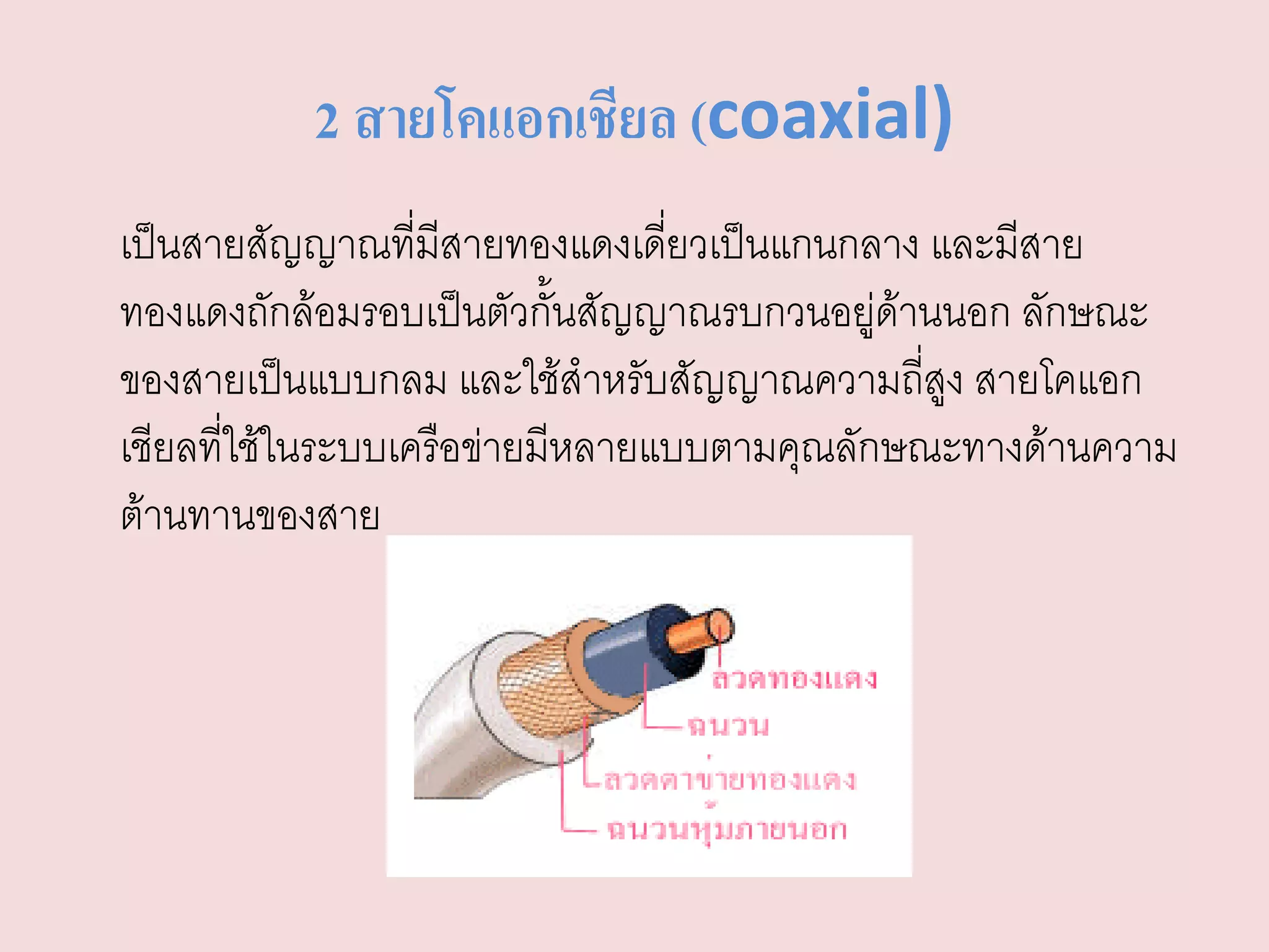 2 สายโคแอกเชียล (coaxial)
เป็นสายสัญญาณที่มีสายทองแดงเดี่ยวเป็นแกนกลาง และมีสาย
ทองแดงถักล้อมรอบเป็นตัวกั้นสัญญาณรบกวนอยู่ด้านนอก ลักษณะ
ของสายเป็นแบบกลม และใช้สาหรับสัญญาณความถีสูง สายโคแอก
                                             ่
เชียลที่ใช้ในระบบเครือข่ายมีหลายแบบตามคุณลักษณะทางด้านความ
ต้านทานของสาย
 