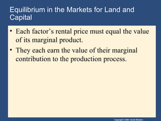Equilibrium in the Markets for Land and Capital Each factor’s rental price must equal the value of its marginal product.  They each earn the value of their marginal contribution to the production process. 