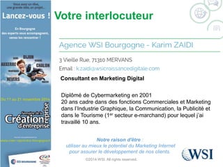 Votre interlocuteur 
Consultant en Marketing Digital 
Diplômé de Cybermarketing en 2001 
20 ans cadre dans des fonctions Commerciales et Marketing 
dans l’Industrie Graphique, la Communication, la Publicité et 
dans le Tourisme (1er secteur e-marchand) pour lequel j’ai 
travaillé 10 ans. 
Notre raison d'être : 
utiliser au mieux le potentiel du Marketing Internet 
pour assurer le développement de nos clients. 
©2014 WSI. All rights reserved. 
 