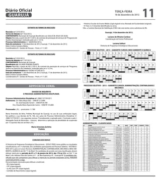Diário Oficial
 GUARUJÁ
                                                                                                                                                                                      terça-feira
                                                                                                                                                                                      18 de dezembro de 2012
                                                                                                                                                                                                                                                    11
                                                                                                    - Histórico Escolar do Ensino Médio (cópia legível) e/ou Atestado de Escolaridade (original);
                                                                                                    - 01 foto 3 x 4 (recente) identificada no verso.
                             EXTRATO DE TERMO DE RESCISÃO                                           Obs.: a Carteira Nacional de Habilitação (CNH) não será aceita como substituta do RG.

Rescisão: n.º 2375/2012;                                                                                                                                             Guarujá, 14 de dezembro de 2012.
Termo de Adesão: n.º 1422/2012;
CONTRATANTE: Município de Guarujá; Beneficiário (a): GIULIA DE JESUS DA SILVA;
                                                                                                                                                                       Luciano de Oliveira Cardoso
Objeto: Rescisão, a partir de 29/11/2012, do contrato de prestação de serviços do “Programa de
Auxílio-Desemprego”, instituído pela Lei n.º 3.314;                                                                                                                  Coordenação de Ensino Profissional
Processo Administrativo: n.º 36699/942/2012;
Data de assinatura: 13 de dezembro de 2012; Guarujá, 17 de dezembro de 2012;                                                                                               Luciana Salituri
Kátia Cristina Cassiano Meles;                                                                                                                             Diretoria de Programas Estratégicos Educacionais
Coordenadora III - Gestão de Pessoas – Pront. nº 11.507.
                                                                                                                           PROCESSO SELETIVO – 2013 – GABARITO CURSOS: MEIO AMBIENTE E QUÍMICA
                                                                                                                                       1   2   3       4         5   6    7       8   9       10    11         12       13    14    15     16   17       18        19   20
                             EXTRATO DE TERMO DE RESCISÃO




                                                                                                       Matemática
                                                                                                                               a
                                                                                                                               b
Rescisão: n.º 2353/2012;                                                                                                       c
                                                                                                                               d
Termo de Adesão: n.º 1197/2012;
CONTRATANTE: Município de Guarujá;
Beneficiário (a): JULIANA PEREIRA DUARTE,                                                                                              1   2   3       4         5    6   7       8   9       10    11         12       13    14     15    16   17       18        19   20




                                                                                                        L. Portuguesa
Objeto: Rescisão, a partir de 30/11/2012, do contrato de prestação de serviços do “Programa                                    a
Jovens no Exercício da Cidadania”, instituído pela Lei n.º 3.314;                                                              b
Processo Administrativo: n.º 36396/147244/2012;                                                                                c
                                                                                                                               d
Data de assinatura: 11 de dezembro de 2012; Guarujá, 17 de dezembro de 2012;
Kátia Cristina Cassiano Meles;
                                                                                                                                       1   2   3       4         5   6    7       8       9   10
Coordenadora III - Gestão de Pessoas – Pront. nº 11.507.                                                                   a




                                                                                                       C. Gerais
                                                                                                                           b
                                                                                                                           c
                                                                                                                           d


                               advocacia geral                                                       PROCESSO SELETIVO – 2013 – GABARITO CURSOS: ADMINISTRAÇÃO, CONTABILIDADE E
                                                                                                                                      MECÂNICA
                                                                                                                                       1   2   3       4         5    6   7       8       9   10     11        12       13    14    15     16       17   18        19   20
                                DIVISÃO DE INQUÉRITO
                                                                                                     Matemática




                                                                                                                           a
                       E PROCESSO ADMINISTRATIVO DISCIPLINAR.                                                              b
                                                                                                                           c
                                                                                                                           d
Processo Administrativo Disciplinar nº. 2980/137739/2011
Defensores: Dr. Fábio Moya Diez - OAB/SP 213.889
             Dr. José Eduardo Senem – OAB/SP 64.789                                                                                    1   2   3       4         5   6    7       8       9    10    11        12       13    14    15     16   17       18        19   20
                                                                                                     L. Portuguesa




        Dra. Claudia Maria Aparecida Castro – OAB/SP 216.885                                                               a
                                                                                                                           b
                                                                                                                           c
Processado: L.R.L. - prontuário: 11.789                                                                                    d


Maria Antonieta de Brito, Prefeita Municipal de Guarujá, no uso de suas atribuições legais,                                                1       2         3        4       5       6        7          8         9          10
                                                                                                                                   a
                                                                                                               C. Gerais




faz publicar a sua decisão de fls. 166, nos autos do Processo Administrativo Disciplinar nº.                                       b
2980/137739/2011, nos seguintes termos: “Considerando o opinado pela r. Comissão e pelo I.                                         c
                                                                                                                                   d
Advogado Geral do Município – Interino, determino a aplicação da penalidade de suspensão
por 15 (quinze) dias do servidor L.R.L.”                                                            ADMINISTRAÇÃO - CLASSIFICADOS
                                                                                                    CL                         NOME                                                        RG                  NASC          MAT    PORT    C.GERAIS     TOTAL
                                  Maria Antonieta de Brito                                          1                          KLINSMAM DOS SANTOS SOUZA                              53.401.171-2            13/12/96        16     20         1          37
                                          Prefeita                                                  2                          DRIELLY BARROS DA SILVA                                54.010.848-0            28/05/96        17     10         9          36
                                                                                                    3                          MICHAEL RODRIGUES DA SILVA                             32.070.782-9            30/01/80        15      9         8          32
                                                                                                    4                          ISABELA ELLER ALMEIDA DE OLIVEIRA                      54.507.349-2            21/02/96       14       8         9             31
                                      educação                                                      5
                                                                                                    6
                                                                                                                               KAROLINE APARECIDA GONÇALVES DE OLIVEIRA
                                                                                                                               CAROLINE LEÃO RAMOS
                                                                                                                                                                                      53.342.872-5
                                                                                                                                                                                      42.555.684-0
                                                                                                                                                                                                              08/05/97
                                                                                                                                                                                                              18/03/88
                                                                                                                                                                                                                             12
                                                                                                                                                                                                                             15
                                                                                                                                                                                                                                     14
                                                                                                                                                                                                                                     10
                                                                                                                                                                                                                                                3
                                                                                                                                                                                                                                                3
                                                                                                                                                                                                                                                              29
                                                                                                                                                                                                                                                              28
                                                                                                    7                          JESSICA FRANCISCA DOS SANTOS                           49.089.402-1            03/10/92        7      13         8             28
                                                                                                    8                          MARIA ROSANGELA DE SOUZA SANTOS                        32.613.798-1            02/01/82       16      6          5             27
                                    COMUNICADO/SEDUC                                                9                          MARCOS PRESTJORD BARROSO DE OLIVEIRA                   39.420.164-4            13/05/97       12      11         4             27
                                                                                                    10                         DANIELLE DA SILVA PERES                                48.643.661-5            01/12/91       10      10         7             27
                                                                                                    11                         HENRIQUE MONTEIRO DOS SANTOS                           48.628.031-7            14/06/90       15      6          5             26
A Diretoria de Programas Estratégicos Educacionais - SEDUC PROE, torna público os resultados        12                         GILBERTO CORREIA FERREIRA                              45.760.250-8            15/11/89       14      7          5             26
classificatórios, em 1ª chamada, dos candidatos participantes do Processo Seletivo - VESTIBULI-     13                         MARCIA PIRES DO NASCIMENTO                             41.095.052-X            19/11/87       12      9          5             26
                                                                                                    14                         JOSEANO SANTOS DE SOUZA                                47.989.720-7            10/01/92       11      10         5             26
NHO 2013, para os Cursos Técnicos (ADMINISTRAÇÃO, CONTABILIDADE, MECÂNICA, MEIO AM-                 15                         MAYRA TELES DOS SANTOS PAIXÃO                          56.324.290-5            31/07/98       14      8          3             25
BIENTE e QUÍMICA) da E.M. “1º de Maio”. Os candidatos de acordo com esta classificação, devem       16                         THIAGO DOS SANTOS SILVA                                45.635.158-9            31/07/88       13      6          6             25
                                                                                                    17                         VERA LUCIA VIEIRA BARBOSA                              33.371.269-9            30/06/81       11      12         2             25
efetuar matrícula no período de 07 a 11 de janeiro de 2013, das 17h às 21h, na E.M. “1º de          18                         PATRICIA OLIVEIRA DE MOURA                             36.684.302-3            11/07/94       13      7          4             24
Maio”, à Av. Adriano Dias dos Santos, 611 - Jd. Boa Esperança, VC - Guarujá/SP. O candidato clas-   19                         ADRIANA SILVA FRANCISCO                                48.562.152-6            27/04/92       12      7          5             24
                                                                                                    20                         ANDERSON BATISTA DE OLIVEIRA                           52.377.342-0            29/06/94       11      7          6             24
sificado que não comparecer para efetuar a matrícula no período estipulado acima, PERDERÁ           21                         WELIGNTON HENRIQUE DA SILVA JUNIOR                     48.568.069-5            30/08/91       10      11         3             24
automaticamente a vaga.                                                                             22                         JUCIENE NOBRE LOPES                                    48.421.957-1            24/05/85       14      7          2             23
                                                                                                    23                         LUIZ EDUARDO GOMES                                     48.294.161-3            24/06/92       14      7          2             23
Documentação necessária para efetuar a matrícula:                                                   24                         MARIA ELISANGELA ALVES FEITOSA DE AMORIM               50.753.038-X            17/11/87       13      7          3             23
- RG (cópia legível);                                                                               25                         JEFERSON ASSIS DA SILVA                                42.723.543-1            26/01/82       12      8          3             23
                                                                                                    26                         MARLENE SILVA DOS SANTOS ARAGÃO                        32.916.306-1            03/03/82       11      8          4             23
- CPF (cópia legível);                                                                              27                         ANNE PRISCILA A. DA S. NASCIMENTO                      55.418.509-X            30/03/85       11      8          4             23
- ou RG com CPF (cópia legível);                                                                    28                         VINICIUS GOMES ALVES DE ASSIS                          50.748.804-0            24/06/96       11      6          6             23
- Certidão de Nascimento (cópia legível);                                                           29                         ANDRESSA DOS SANTOS BRAGA                              53.771.042-5            07/03/97       10      11         2             23
 