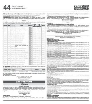 44

Diário Oficial
GUARUJÁ

quarta-feira

18 de dezembro de 2013

A Diretora Presidente do Fundo Especial de Previdência Social dos servidores públicos efetivos do Município de Guarujá, usando das atribuições que lhe são conferidas por lei, e
Considerando o disposto no Decreto N° 10.173, de 18 de Janeiro de 2013;
Considerando as normas contidas na Lei Complementar n° 135, de 04 de abril de 2012, e alterações, que dispõem sobre o Regime Próprio de Previdência Social (RPPS) do Município de Guarujá;
RESOLVE:
I – DEFERIR os benefícios de que trata o artigo 860 da Lei Complementar n° 135 de 04 de abril de
2012, aos servidores abaixo relacionados, nos períodos descritos:
PORTARIA PRONT.

PROCESSO
INTERNO

NOME

838/2013

17.056

057/2013

WALDEREZ DA SILVA TEIXEIRA

839/2013

17.056

057/2013

WALDEREZ DA SILVA TEIXEIRA

840/2013

14.397

380/2013

JUSSARA LIMA

841/2013

9.352

519/2013

WELLINGTON DOS SANTOS

842/2013

14.826

521/2013

PATAPIO DA SILVA SOUZA

843/2013

14.826

521/2013

PATAPIO DA SILVA SOUZA

844/2013

14.590

522/2013

SERGIO LUIZ DA SILVA

845/2013

16.904

524/2013

ELEUZA FERNANDES

846/2013

10.979

527/2013

CELIA MARIA PLAZA P. GOUVEIA

847/2013

15.035

528/2013

FLORIAN SOUZA DE OLIVEIRA JUNIOR

848/2013

19.991

529/2013

IZABEL CRISTINA M. DE OLIVEIRA

849/2013

11.511

531/2013

MARIA EUGENIA DE FREITAS

850/2013

14.498

532/2013

MARCIA APARECIDA SOUZA ARAUJO

852/2013

20.173

276/2013

THAIS ANDRADE DOS SANTOS

853/2013

13.295

383/2013

ADRIANO PAULO DOS S. PAULINO

854/2013

20.222

487/2013

TIAGO APARECIDO B. DA CONCEIÇÃO

855/2013

12.533

533/2013

ADRIANA DE MORAIS SILVA

856/2013

14.191

534/2013

VLADIMIR PINTO DE ABREU

857/2013

11.792

535/2013

ABRAAO GOES DE MELO

ÓRGÃO
SESAU

29/06/2013 02/02/2014

SESAU

11/12/2013 10/01/2014

SEDGU

08/10/2013 06/01/2014

SEDGU

03/12/2013 16/12/2013

SEDUC

17/12/2013 16/01/2014

SEDUC

27/11/2013 26/12/2013

SEDGU

07/12/2013 21/12/2013

SEDUC

03/12/2013 12/12/2013

SEDUC

21/11/2013 05/01/2014

ADM

06/12/2013 20/12/2013

SEDUC

29/11/2013 08/01/2014

SEDUC

11/12/2013 05/01/2014

SESAU

11/12/2013 10/01/2014

Auxílio
Doença
Auxílio
Doença
Auxílio
Doença
Auxílio
Doença
Auxílio
Doença
Auxílio
Doença
Auxílio
Doença
Auxílio
Doença
Auxílio
Doença
Auxílio
Doença
Auxílio
Doença
Auxílio
Doença
Auxílio
Doença
Auxílio
Doença
Auxílio
Doença
Auxílio
Doença
Auxílio
Doença
Auxílio
Doença
Auxílio
Doença

INÍCIO
FIM
DO
DO
BENEFÍCIO BENEFÍCIO
28/02/2013 28/06/2013

BENEFÍCIO

SESAU

15/12/2013 03/01/2014 SEDECON
13/12/2013 11/01/2014

SEDESC

04/12/2013 03/01/2014

SESAU

06/12/2013 03/02/2014 SEDECON
12/12/2013 09/02/2014 SEDECON

II – INDEFERIR o benefício de que trata o artigo 860 da Lei Complementar n° 135 de 04 de abril
de 2012, aos servidores abaixo relacionados:
PORTARIA PRONT.
858/2013

13.089

PROCESSO
INTERNO
515/2013

NOME
KATIA CHRISTINA M. GODOY

BENEFÍCIO

ÓRGÃO

Auxílio Doença INDEFERIDO SEDUC

III – Estas Portarias entrarão em vigor na data de sua publicação, retroativas ao início das concessões dos benefícios.
IV – Publique-se e cumpra-se.
Guarujá, 17 de Dezembro de 2013
CELIA RODRIGUES RIBEIRO
Diretora Presidente

Atos oficiais
câmara
Edital de Convocação
Nos termos do artigo 42, I, da Lei Orgânica do Município de Guarujá, combinado com o artigo 120
do Regimento Interno, ficam convocados os Senhores Vereadores para duas Sessões Extraordinárias, a se realizarem quinta-feira, dia 19, e sexta-feira, dia 20, ambas às 15:00 h, para apreciar a
seguinte:
14ª Sessão Extraordinária
19 de dezembro de 2013
15:00 h
Ordem do Dia
1 – Projeto de Lei Complementar nº 037/2013, do Executivo
“Altera e acrescenta dispositivos e Anexos à Lei Complementar nº 135, de 04 de abril de 2012, e

dá outras providências”. 1ª Discussão e votação (Art. 181, § 1º, “e” do Regimento Interno). Já distribuído.
2 – Projeto de Lei Complementar nº 038/2013, do Executivo
“Altera dispositivos da Lei Complementar nº 067, de 30 de dezembro de 2002, e dá outras providências”. 1ª Discussão e votação (Art. 181, § 1º, “e” do Regimento Interno). Já distribuído.
15ª Sessão Extraordinária
20 de dezembro de 2013
15:00 h
Ordem do Dia
1 – Projeto de Lei Complementar nº 037/2013, do Executivo
“Altera e acrescenta dispositivos e Anexos à Lei Complementar nº 135, de 04 de abril de 2012, e
dá outras providências”. 2ª Discussão e votação (Art. 181, § 1º, “e” do Regimento Interno). Já distribuído.
2 – Projeto de Lei Complementar nº 038/2013, do Executivo
“Altera dispositivos da Lei Complementar nº 067, de 30 de dezembro de 2002, e dá outras providências”. 2ª Discussão e votação (Art. 181, § 1º, “e” do Regimento Interno). Já distribuído.
Câmara Municipal de Guarujá, em 17 de dezembro de 2013.
Marcelo Squassoni
Presidente
37ª SESSÃO ORDINÁRIA, DO 1º ANO LEGISLATIVO, DA 16ª LEGISLATURA,
REALIZADA EM 10 DE DEZEMBRO DE 2013.

INÍCIO: 15:53 horas.
PRESIDÊNCIA: Marcelo Squassoni.
SECRETARIAS: Gilberto Benzi e Walter dos Santos.
1ª Parte – Expediente da Mesa:
Ofício nº 925/2013, da Prefeitura Municipal de Guarujá, encaminhando as razões do veto ao Projeto de Lei nº 109/2013, do
Vereador Edilson Dias de Andrade. À COMISSÃO DE JUSTIÇA E REDAÇÃO.
Ofício nº 934/2013, da Prefeitura Municipal de Guarujá, encaminhando as razões do veto ao Projeto de Lei nº 019/2013, do
Vereador Mário Lúcio da Conceição. À COMISSÃO DE JUSTIÇA E REDAÇÃO.
Ofício nº 936/2013, da Prefeitura Municipal de Guarujá, encaminhando as razões do veto ao Projeto de Lei nº 115/2013, do
Vereador Mauro Teixeira. À COMISSÃO DE JUSTIÇA E REDAÇÃO.
Ofício nº 949/2013, da Prefeitura Municipal de Guarujá, vetando, parcialmente, o Projeto de Lei nº 057/2013, do Vereador
Valdemir Batista Santana. À COMISSÃO DE JUSTIÇA E REDAÇÃO.
Ofício nº 950/2013, da Prefeitura Municipal de Guarujá, encaminhando as razões do veto ao Projeto de Lei nº 132/2013, do
Vereador Edilson Dias de Andrade. À COMISSÃO DE JUSTIÇA E REDAÇÃO.
Ofício nº 951/2013, da Prefeitura Municipal de Guarujá, encaminhando as razões do veto ao Projeto de Lei nº 124/2013, do
Vereador Edilson Dias de Andrade. À COMISSÃO DE JUSTIÇA E REDAÇÃO.
Ofício nº 952/2013, da Prefeitura Municipal de Guarujá, encaminhando as razões do veto ao Projeto de Lei nº 133/2013, do
Vereador Mauro Teixeira. À COMISSÃO DE JUSTIÇA E REDAÇÃO.
Ofício nº 953/2013, da Prefeitura Municipal de Guarujá, encaminhando as razões do veto ao Projeto de Lei nº 103/2013, do
Vereador Valdemir Batista Santana. À COMISSÃO DE JUSTIÇA E REDAÇÃO.
Ofício 961/2013, da Prefeitura Municipal de Guarujá, encaminhando o Projeto de Lei nº 157/2013, do Executivo, que “Autoriza
o Poder Executivo contratar com a Caixa Econômica Federal, a oferecer garantias e dá outras providências”. ÀS COMISSÕES DE
JUSTIÇA E REDAÇÃO e de FINANÇAS E ORÇAMENTO.
Ofício 962/2013, da Prefeitura Municipal de Guarujá, encaminhando o Projeto de Lei Complementar nº 037/2013, do Executivo, que “Altera e acrescenta dispositivos e Anexos à Lei Complementar nº 135, de 04 de abril de 2012, e dá outras providências”.
ÀS COMISSÕES DE JUSTIÇA E REDAÇÃO e de FINANÇAS E ORÇAMENTO.
Ofício 963/2013, da Prefeitura Municipal de Guarujá, encaminhando o Projeto de Lei nº 158/2013, do Executivo, que “Acrescenta dispositivo à Lei nº 3.981, de 14 de novembro de 2012, alterada pelas Leis nºs 4.003, de 26 de fevereiro de 2013 e 4.021, de 07
de junho de 2013, e dá outras providências”. ÀS COMISSÕES DE JUSTIÇA E REDAÇÃO e de FINANÇAS E ORÇAMENTO.
Ofício nº 904/2013, da Secretaria Municipal de Saúde, encaminhando extrato do termo aditivo nº 02/2013 ao Plano Operativo
de Atenção Pactuada para 2013 – Hospital Santo Amaro, com valor de R$ 1.500.000,00. À SECRETARIA PARA CONHECIMENTO
DOS SENHORES VEREADORES.
Ofício C.SEB nº 2181/2013, do Tribunal de Contas do Estado de São Paulo, encaminhando o decidido no TC-024992/026/06, relativo ao contrato celebrado entre a Prefeitura Municipal de Guarujá e a empresa DP Barros & Viatec-Arquitetura e Construção
Ltda. À COMISSÃO DE FISCALIZAÇÃO E CONTROLE e de FINANÇAS E ORÇAMENTO.
Súmula do Expediente recebido no período de 03 a 10 de dezembro de 2013. À SECRETARIA PARA CONHECIMENTO DOS
SENHORES VEREADORES.
2ª Parte – Expediente dos Senhores Vereadores:
PROJETO DE DECRETO LEGISLATIVO
Do Vereador Ronald Luiz Nicolaci Fincatti
Nº 0031/2013 - Concede o Título de Cidadão de Guarujá ao Senhor Marco Antonio do Couto Perez. À COMISSÃO DE JUSTIÇA
E REDAÇÃO.
PROJETOS DE LEI
Do Vereador Geraldo Soares Galvão
Nº 0159/2013 - Dispõe sobre a obrigatoriedade da empresa que presta serviços de travessias entre a cidade de Guarujá-Santos
e Guarujá-Bertioga para que disponibilize a seus usuários, banheiros e bebedouros públicos adequados e dá outras providências. ÀS COMISSÕES DE JUSTIÇA E REDAÇÃO, FINANÇAS E ORÇAMENTO e de OBRAS E SERVIÇOS PÚBLICOS.
Nº 0160/2013 – Altera a Lei nº 3.874, de 13 de maio de 2011, que especifica e dá outras providências. ÀS COMISSÕES DE JUSTIÇA E REDAÇÃO e de FINANÇAS E ORÇAMENTO.
Do Vereador Gilberto Benzi
Nº 0163/2013 - Dispõe sobre a redenominação e reorganização do Conselho Municipal de Direitos das Pessoas com Deficiência e cria o Fundo Municipal dos Direitos das pessoas com Deficiência e dá outras providências. ÀS COMISSÕES DE JUSTIÇA E
REDAÇÃO e de FINANÇAS E ORÇAMENTO.
Do Vereador Luciano Lopes da Silva
Nº 0162/2013 - Altera dispositivo da Lei Municipal nº 4.047, de 10 de setembro de 2013, que INSTITUI O CONSELHO MUNICIPAL
DE TRÂNSITO E TRANSPORTE DE GUARUJÁ E DÁ OUTRAS PROVIDÊNCIAS. ÀS COMISSÕES DE JUSTIÇA E REDAÇÃO, PORTOS,
AEROPORTOS E TRANSPORTES e de FINANÇAS E ORÇAMENTO. (+07)
Do Vereador Nelson Alves Filho
Nº 0161/2013 - Autoriza a Prefeitura de Guarujá a Instituir o dia do atleta amador no âmbito do Município de Guarujá e dá
outras providências. ÀS COMISSÕES DE JUSTIÇA E REDAÇÃO, TURISMO, EDUCAÇÃO E ASSISTÊNCIA SOCIAL e de FINANÇAS E
ORÇAMENTO.
PROJETO DE LEI COMPLEMENTAR
Do Vereador Marcelo Squassoni
Nº 0036/2013 - Dispõe sobre o Regime Jurídico e custeio previdenciário dos servidores públicos do quadro permanente da
Secretaria da Câmara Municipal de Guarujá, e dá outras providências. ÀS COMISSÕES DE JUSTIÇA E REDAÇÃO e de FINANÇAS

 