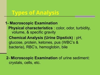 1- Macroscopic Examination
Physical characteristics : color, odor, turbidity,
volume, & specific gravity
− Chemical Analysis (Urine Dipstick) : pH,
glucose, protein, ketones, pus (WBC’s &
bacteria), RBC’s, hemoglobin, bile
2- Microscopic Examination of urine sediment:
crystals, cells, etc.
Types of Analysis
 