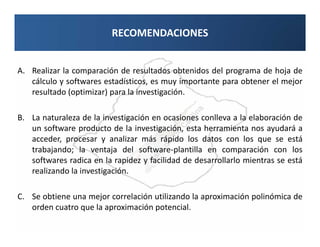 RECOMENDACIONES


A. Realizar la comparación de resultados obtenidos del programa de hoja de
   cálculo y softwares estadísticos, es muy importante para obtener el mejor
   resultado (optimizar) para la investigación.

B. La naturaleza de la investigación en ocasiones conlleva a la elaboración de
   un software producto de la investigación, esta herramienta nos ayudará a
   acceder, procesar y analizar más rápido los datos con los que se está
   trabajando; la ventaja del software-plantilla en comparación con los
   softwares radica en la rapidez y facilidad de desarrollarlo mientras se está
   realizando la investigación.

C. Se obtiene una mejor correlación utilizando la aproximación polinómica de
   orden cuatro que la aproximación potencial.
 