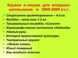 Кружки  и секции  для  младших  школьников  в  2008-2009 уч.г. Спортивное ориентирование – 4-5 кл. Футбол – мальчики 1-2 кл. Танцевальный ансамбль «Силуэт» Хореографический коллектив «Надежда» Умелые руки История православной культуры Театральный кружок «Живое слово» Юный пожарный Хор младших классов 