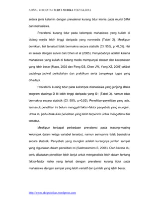 JURNAL KESEHATAN SURYA MEDIKA YOGYAKARTA


antara jenis kelamin dengan prevalensi kurang tidur kronis pada murid SMA

dan mahasiswa.

       Prevalensi kurang tidur pada kelompok mahasiswa yang kuliah di

bidang medis lebih tinggi daripada yang nonmedis (Tabel 2). Meskipun

demikian, hal tersebut tidak bermakna secara statistik (CI: 95%, p >0,05). Hal

ini sesuai dengan survei dari Chen et al (2005). Penyebabnya adalah karena

mahasiswa yang kuliah di bidang medis mempunyai stresor dan kecemasan

yang lebih besar (Maas, 2002 dan Feng GS, Chen JW, Yang XZ, 2005) akibat

padatnya jadwal perkuliahan dan praktikum serta banyaknya tugas yang

dihadapi.

       Prevalensi kurang tidur pada kelompok mahasiswa yang jenjang strata

program studinya D III lebih tinggi daripada yang S1 (Tabel 3), namun tidak

bermakna secara statistik (CI: 95%, p>0,05). Penelitian-penelitian yang ada,

termasuk penelitian ini belum menggali faktor-faktor penyebab yang mungkin.

Untuk itu perlu dilakukan penelitian yang lebih terperinci untuk mengetahui hal

tersebut.

       Meskipun    terdapat   perbedaan    prevalensi   pada   masing-masing

kelompok dalam ketiga variabel tersebut, namun semuanya tidak bermakna

secara statistik. Penyebab yang mungkin adalah kurangnya jumlah sampel

yang digunakan dalam penelitian ini (Sastroasmoro S, 2006). Oleh karena itu,

perlu dilakukan penelitian lebih lanjut untuk menganalisis lebih dalam tentang

faktor-faktor risiko yang terkait dengan prevalensi kurang tidur pada

mahasiswa dengan sampel yang lebih variatif dan jumlah yang lebih besar.




http://www.skripsistikes.wordpress.com
 