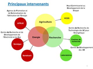 Principaux intervenants           Haut Commissariat au
                                         Développement de la
      Agence de Promotion et                    Steppe
        de Rationalisation de
      l’Utilisation de l’Energie
                                      HCDS




                                           Centre de Recherche de
                                           Technologie des SC pour
Centre de Recherche et de                       l’Energétique
    Développement de
  l’Electricité et du Gaz
                                              Centres de
                                              recherche


                                             Centre de Développement
                                                      des ER

                                   Laboratoires




                                                                3
 