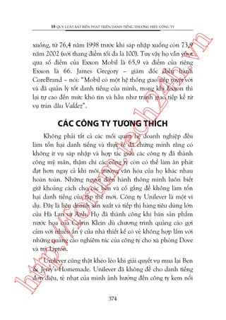 n

18 QUY LUÊÅT BÊËT BIÏËN PHAÁT TRIÏÍN DANH TIÏËNG THÛÚNG HIÏÅU CÖNG TY

ch
24
h.v

xuöëng, tûâ 76,4 nùm 1998 trûúác khi saáp nhêåp xuöëng coân 73,9
nùm 2002 (vúái thang àiïím töëi àa laâ 100). Tuy vêåy hoå vêîn vûúåt
qua söë àiïím cuãa Exxon Mobil laâ 65,9 vaâ àiïím cuãa riïng
Exxon laâ 66. James Gregory – giaám àöëc àiïìu haânh
CoreBrand – noái: “Mobil coá möåt hïå thöëng giao tiïëp tuyïåt vúâi
vaâ àaä quaãn lyá töët danh tiïëng cuãa mònh, trong khi Exxon thò
laåi tûå cao àïën mûác khoá tin vaâ hêìu nhû traánh giao tiïëp kïí tûâ
vuå traân dêìu Valdez”.

CAÁC CÖNG TY TÛÚNG THÑCH

p:/
/f

oru

m.
te

Khöng phaãi têët caã caác möëi quan hïå doanh nghiïåp àïìu
laâm töín haåi danh tiïëng vaâ thûåc tïë àaä chûáng minh rùçng coá
khöng ñt vuå saáp nhêåp vaâ húåp taác giûäa caác cöng ty àaä thaânh
cöng myä maän, thêåm chñ caác cöng ty coân coá thïí laâm ùn phaát
àaåt hún ngay caã khi möi trûúâng vùn hoáa cuãa hoå khaác nhau
hoaân toaân. Nhûäng ngûúâi àiïìu haânh thöng minh luön biïët
giûä khoaãng caách cho caác bïn vaâ cöë gùæng àïí khöng laâm töín
haåi danh tiïëng cuãa têåp thïí múái. Cöng ty Unilever laâ möåt vñ
duå. Àêy laâ liïn doanh saãn xuêët vaâ tiïëp thõ haâng tiïu duâng lúán
cuãa Haâ Lan vaâ Anh. Hoå àaä thaânh cöng khi baán saãn phêím
nûúác hoa cuãa Calvin Klein duâ chûúng trònh quaãng caáo gúåi
caãm vúái nhiïìu êín yá cuãa nhaâ thiïët kïë coá veã khöng húåp lùæm vúái
nhûäng quaãng caáo nghiïm tuác cuãa cöng ty cho xaâ phoâng Dove
vaâ traâ Lipton.

htt

Unilever cuäng thêåt kheáo leáo khi giaãi quyïët vuå mua laåi Ben
& Jerry’s Homemade. Unilever àaä khöng àïí cho danh tiïëng
àún àiïåu, teã nhaåt cuãa mònh aãnh hûúãng àïën cöng ty kem nöíi
374

 