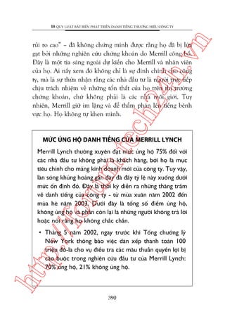 n

18 QUY LUÊÅT BÊËT BIÏËN PHAÁT TRIÏÍN DANH TIÏËNG THÛÚNG HIÏÅU CÖNG TY

ch
24
h.v

ruãi ro cao” – àaä khöng chûáng minh àûúåc rùçng hoå àaä bõ lûâa
gaåt búãi nhûäng nghiïn cûáu chûáng khoaán do Merrill cöng böë.
Àêy laâ möåt tia saáng ngoaâi dûå kiïën cho Merrill vaâ nhên viïn
cuãa hoå. Ai nêëy xem àoá khöng chó laâ sûå àñnh chñnh cho cöng
ty, maâ laâ sûå thûâa nhêån rùçng caác nhaâ àêìu tû laâ ngûúâi trûåc tiïëp
chõu traách nhiïåm vïì nhûäng töín thêët cuãa hoå trïn thõ trûúâng
chûáng khoaán, chûá khöng phaãi laâ caác nhaâ möi giúái. Tuy
nhiïn, Merrill giûä im lùång vaâ àïí thêím phaán lïn tiïëng bïnh
vûåc hoå. Hoå khöng tûå khen mònh.

m.
te

MÛÁC UÃNG HÖÅ DANH TIÏËNG CUÃA MERRILL LYNCH

p:/
/f

oru

Merrill Lynch thûúâng xuyïn àaåt mûác uãng höå 75% àöëi vúái
caác nhaâ àêìu tû khöng phaãi laâ khaách haâng, búãi hoå laâ muåc
tiïu chñnh cho maãng kinh doanh múái cuãa cöng ty. Tuy vêåy,
laân soáng khuãng hoaãng gêìn àêy àaä àêíy tyã lïå naây xuöëng dûúái
mûác öín àõnh àoá. Àêy laâ thúâi kyâ diïîn ra nhûäng thùng trêìm
vïì danh tiïëng cuãa cöng ty - tûâ muâa xuên nùm 2002 àïën
muâa heâ nùm 2003. Dûúái àêy laâ töíng söë àiïím uãng höå,
khöng uãng höå vaâ phêìn coân laåi laâ nhûäng ngûúâi khöng traã lúâi
hoùåc noái rùçng hoå khöng chùæc chùæn.

htt

• Thaáng 5 nùm 2002, ngay trûúác khi Töíng chûúãng lyá
New York thöng baáo viïåc daân xïëp thanh toaán 100
triïåu àö-la cho vuå àiïìu tra caác mêu thuêîn quyïìn lúåi bõ
caáo buöåc trong nghiïn cûáu àêìu tû cuãa Merrill Lynch:
70% uãng höå, 21% khöng uãng höå.

390

 