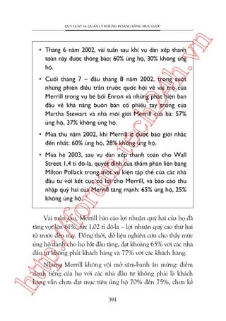 n

QUY LUÊÅT 14: QUAÃN LYÁ KHUÃNG HOAÃNG BÙÇNG MÛU LÛÚÅC

ch
24
h.v

• Thaáng 6 nùm 2002, vaâi tuêìn sau khi vuå daân xïëp thanh
toaán naây àûúåc thöng baáo: 60% uãng höå, 30% khöng uãng
höå.

• Cuöëi thaáng 7 – àêìu thaáng 8 nùm 2002, trong suöët
nhûäng phiïn àiïìu trêìn trûúác quöëc höåi vïì vai troâ cuãa
Merrill trong vuå bï böëi Enron vaâ nhûäng phaát hiïån ban
àêìu vïì khaã nùng buön baán cöí phiïëu tay trong cuãa
Martha Stewart vaâ nhaâ möi giúái Merrill cuãa baâ: 57%
uãng höå, 37% khöng uãng höå.

m.
te

• Muâa thu nùm 2002, khi Merrill ñt àûúåc baáo giúái nhùæc
àïën nhêët: 60% uãng höå, 28% khöng uãng höå.

oru

• Muâa heâ 2003, sau vuå daân xïëp thanh toaán cho Wall
Street 1,4 tó àö-la, quyïët àõnh cuãa thêím phaán liïn bang
Milton Pollack trong möåt vuå kiïån têåp thïí cuãa caác nhaâ
àêìu tû vúái kïët cuåc coá lúåi cho Merrill, vaâ baáo caáo thu
nhêåp quyá hai cuãa Merrill tùng maånh: 65% uãng höå, 25%
khöng uãng höå.

p:/
/f

Vaâi tuêìn sau, Merrill baáo caáo lúåi nhuêån quyá hai cuãa hoå àaä
tùng voåt lïn 61%, tûác 1,02 tó àö-la – lúåi nhuêån quyá cao thûá hai
tûâ trûúác àïën nay. Àöìng thúâi, dûä liïåu nghiïn cûáu cho thêëy mûác
uãng höå daânh cho hoå bùæt àêìu tùng, àaåt khoaãng 65% vúái caác nhaâ
àêìu tû khöng phaãi khaách haâng vaâ 77% vúái caác khaách haâng.

htt

Nhûng Merrill khöng vöåi múã sêm-banh ùn mûâng: àiïím
danh tiïëng cuãa hoå vúái caác nhaâ àêìu tû khöng phaãi laâ khaách
haâng vêîn chûa àaåt muåc tiïu uãng höå 70% àïën 75%, chûa kïí
391

 