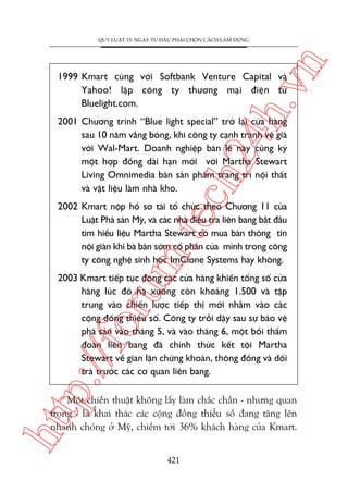 n

QUY LUÊÅT 15: NGAY TÛÂ ÀÊÌU PHAÃI CHOÅN CAÁCH LAÂM ÀUÁNG

ch
24
h.v

1999 Kmart cuâng vúái Softbank Venture Capital vaâ
Yahoo! lêåp cöng ty thûúng maåi àiïån tûã
Bluelight.com.

2001 Chûúng trònh “Blue light special” trúã laåi cûãa haâng
sau 10 nùm vùæng boáng, khi cöng ty caånh tranh vï giaá
vúái Wal-Mart. Doanh nghiïåp baán leã naây cuäng kyá
möåt húåp àöìng daâi haån múái vúái Martha Stewart
Living Omnimedia baán saãn phêím trang trñ nöåi thêët
vaâ vêåt liïåu laâm nhaâ kho.

m.
te

2002 Kmart nöåp höì sú taái töí chûác theo Chûúng 11 cuãa
Luêåt Phaá saãn Myä, vaâ caác nhaâ àiïìu tra liïn bang bùæt àêìu
tòm hiïíu liïåu Martha Stewart coá mua baán thöng tin
nöåi giaán khi baâ baán súám cöí phêìn cuãa mònh trong cöng
ty cöng nghïå sinh hoåc ImClone Systems hay khöng.

p:/
/f

oru

2003 Kmart tiïëp tuåc àoáng caác cûãa haâng khiïën töíng söë cûãa
haâng luác àoá haå xuöëng coân khoaãng 1.500 vaâ têåp
trung vaâo chiïën lûúåc tiïëp thõ múái nhùçm vaâo caác
cöång àöìng thiïíu söë. Cöng ty tröîi dêåy sau sûå baão vïå
phaá saãn vaâo thaáng 5, vaâ vaâo thaáng 6, möåt böìi thêím
àoaân liïn bang àaä chñnh thûác kïët töåi Martha
Stewart vïì gian lêån chûáng khoaán, thöng àöìng vaâ döëi
traá trûúác caác cú quan liïn bang.

htt

Möåt chiïën thuêåt khöng lêëy laâm chùæc chùæn - nhûng quan
troång - laâ khai thaác caác cöång àöìng thiïíu söë àang tùng lïn
nhanh choáng úã Myä, chiïëm túái 36% khaách haâng cuãa Kmart.
421

 