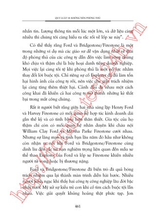 n

QUY LUÊÅT 18: KHÖNG NÏN PHOÂNG THUÃ

ch
24
h.v

nhùæn tin. Lûúång thöng tin möîi luác möåt lúán, vaâ dûä liïåu caâng
nhiïìu thò chuáng töi caâng hiïíu ra rùæc röëi vïì löëp xe naây”.

m.
te

Coá thïí thêëy rùçng Ford vaâ Bridgestone/Firestone laâ möåt
trong nhûäng vñ duå maâ caác giaáo sû dïî vêån duång nhêët vïì thaái
àöå phoâng thuã cuãa caác cöng ty dêîn àïën viïåc laâm cöng chuáng
khoá chõu vaâ thêåm chñ laâ huãy hoaåi danh tiïëng doanh nghiïåp.
Moåi viïåc laåi caâng töìi tïå khi phoâng thuã laâ möåt nöî lûåc nhùçm
thay àöíi lúâi buöåc töåi. Chó riïng sûå cöë Explorer àaä àuã laâm töín
haåi hònh aãnh cuãa cöng ty röìi, nïn viïåc che giêëu traách nhiïåm
laåi caâng tùng thïm thiïåt haåi. Caãnh àêëu àaá nhau möåt caách
cöng khai àaä khiïën caã hai cöng ty trúã thaânh nhûäng keã thêët
baåi trong mùæt cöng chuáng.

p:/
/f

oru

Rêët ñt ngûúâi biïët rùçng giûäa hai nhaâ saáng lêåp Henry Ford
vaâ Harvey Firestone coá möëi quan hïå húåp taác kinh doanh daâi
gêìn thïë kyã vaâ coá tònh bùçng hûäu thên thiïët. Gia töåc cuãa hoå
thêåm chñ coân coá möëi quan hïå nhên duyïn khi chaáu nöåi
William Clay Ford vaâ Martha Parke Firestone cûúái nhau.
Nhûng sûå laäng maån vaâ tònh baån lêu nùm àoá hêìu nhû khöng
coân nhêån ra nöíi khi Ford vaâ Bridgestone/Firestone cuâng
dñnh lñu àïën caác tai naån nghiïm troång liïn quan àïën mêîu xe
thïí thao Explorer cuãa Ford vaâ löëp xe Firestone khiïën nhiïìu
ngûúâi tûã vong hoùåc bõ thûúng nùång.

htt

Ford vaâ Bridgestone/Firestone àaä biïën troâ àaá quaã boáng
traách nhiïåm qua laåi thaânh maân trònh diïîn haâi hûúác. Nhiïìu
ngûúâi kinh ngaåc khi thêëy hai cöng ty cöng nghiïåp lêu àúâi bêåc
nhêët nûúác Myä xûã sûå kiïíu treã con khi cöë tòm caách buöåc töåi lêîn
nhau. Viïåc giaãi quyïët khuãng hoaãng thêåt phûác taåp. Jon
461

 