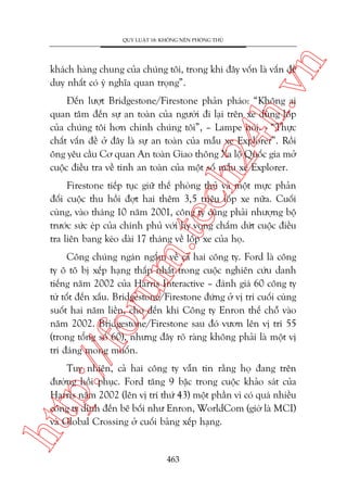 n

QUY LUÊÅT 18: KHÖNG NÏN PHOÂNG THUÃ

ch
24
h.v

khaách haâng chung cuãa chuáng töi, trong khi àêy vöën laâ vêën àïì
duy nhêët coá yá nghôa quan troång”.

Àïën lûúåt Bridgestone/Firestone phaãn phaáo: “Khöng ai
quan têm àïën sûå an toaân cuãa ngûúâi ài laåi trïn xe duâng löëp
cuãa chuáng töi hún chñnh chuáng töi”, – Lampe noái. - “Thûåc
chêët vêën àïì úã àêy laâ sûå an toaân cuãa mêîu xe Explorer”. Röìi
öng yïu cêìu Cú quan An toaân Giao thöng Xa löå Quöëc gia múã
cuöåc àiïìu tra vïì tñnh an toaân cuãa möåt söë mêîu xe Explorer.

m.
te

Firestone tiïëp tuåc giûä thïë phoâng thuã vaâ möåt mûåc phaãn
àöëi cuöåc thu höìi àúåt hai thïm 3,5 triïåu löëp xe nûäa. Cuöëi
cuâng, vaâo thaáng 10 nùm 2001, cöng ty cuäng phaãi nhûúång böå
trûúác sûác eáp cuãa chñnh phuã vúái hy voång chêëm dûát cuöåc àiïìu
tra liïn bang keáo daâi 17 thaáng vïì löëp xe cuãa hoå.

p:/
/f

oru

Cöng chuáng ngaán ngêím vïì caã hai cöng ty. Ford laâ cöng
ty ö tö bõ xïëp haång thêëp nhêët trong cuöåc nghiïn cûáu danh
tiïëng nùm 2002 cuãa Harris Interactive – àaánh giaá 60 cöng ty
tûâ töët àïën xêëu. Bridgestone/Firestone àûáng úã võ trñ cuöëi cuâng
suöët hai nùm liïìn, cho àïën khi Cöng ty Enron thïë chöî vaâo
nùm 2002. Bridgestone/Firestone sau àoá vûún lïn võ trñ 55
(trong töíng söë 60), nhûng àêy roä raâng khöng phaãi laâ möåt võ
trñ àaáng mong muöën.

htt

Tuy nhiïn, caã hai cöng ty vêîn tin rùçng hoå àang trïn
àûúâng höìi phuåc. Ford tùng 9 bêåc trong cuöåc khaão saát cuãa
Harris nùm 2002 (lïn võ trñ thûá 43) möåt phêìn vò coá quaá nhiïìu
cöng ty dñnh àïën bï böëi nhû Enron, WorldCom (giúâ laâ MCI)
vaâ Global Crossing úã cuöëi baãng xïëp haång.

463

 