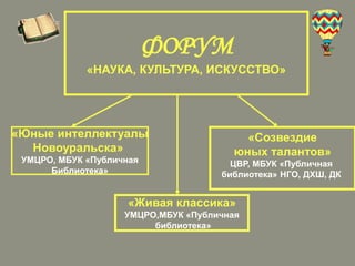 ФОРУМ
«НАУКА, КУЛЬТУРА, ИСКУССТВО»

«Юные интеллектуалы
Новоуральска»
УМЦРО, МБУК «Публичная
Библиотека»

«Созвездие
юных талантов»
ЦВР, МБУК «Публичная
библиотека» НГО, ДХШ, ДК

«Живая классика»
УМЦРО,МБУК «Публичная
библиотека»

 