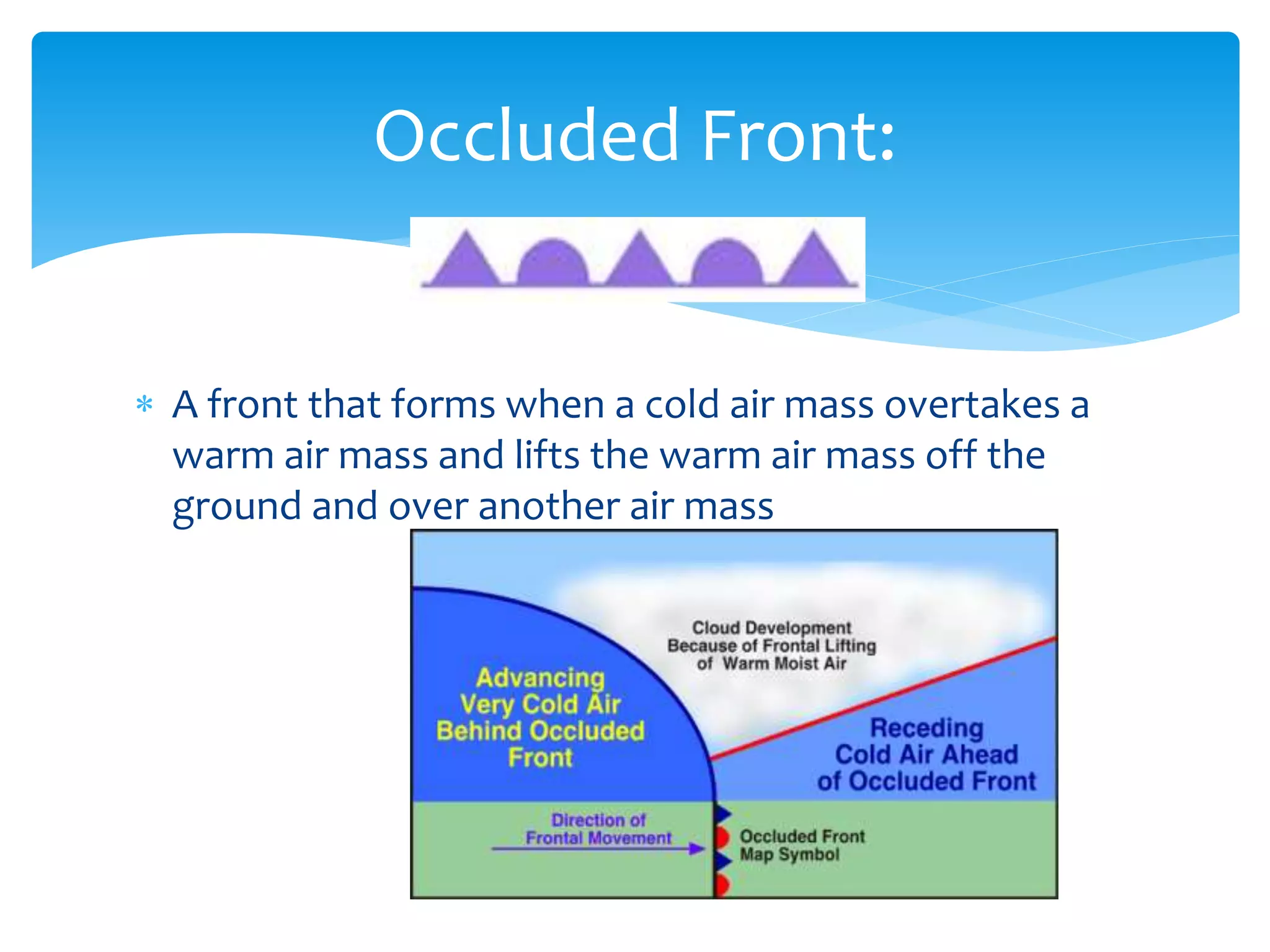  A front that forms when a cold air mass overtakes a
warm air mass and lifts the warm air mass off the
ground and over another air mass
Occluded Front:
 