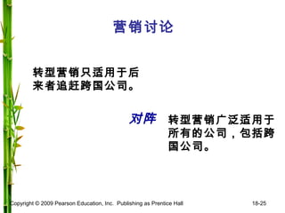 Copyright © 2009 Pearson Education, Inc. Publishing as Prentice Hall 18-25
营销讨论
转型营销只适用于后
来者追赶跨国公司。
转型营销广泛适用于
所有的公司，包括跨
国公司。
对阵
 