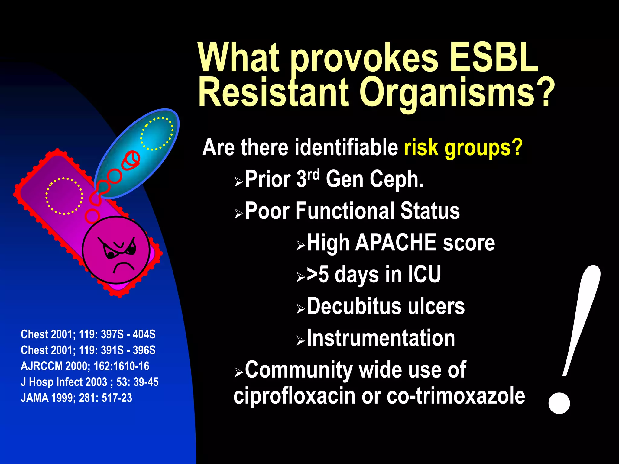 What provokes ESBL
Resistant Organisms?
Chest 2001; 119: 397S - 404S
Chest 2001; 119: 391S - 396S
AJRCCM 2000; 162:1610-16
J Hosp Infect 2003 ; 53: 39-45
JAMA 1999; 281: 517-23
Are there identifiable risk groups?
Prior 3rd Gen Ceph.
Poor Functional Status
High APACHE score
>5 days in ICU
Decubitus ulcers
Instrumentation
Community wide use of
ciprofloxacin or co-trimoxazole
 