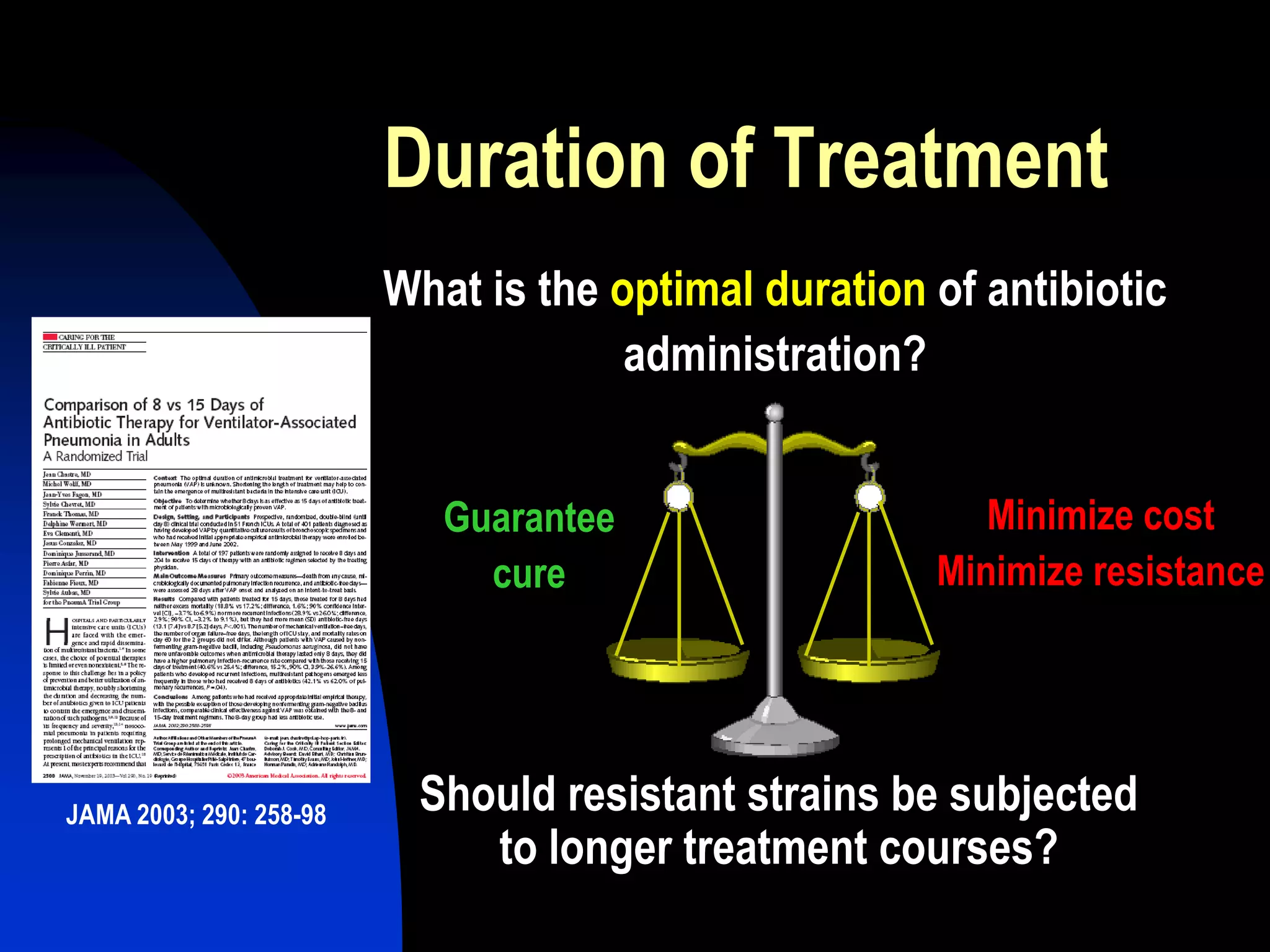 Duration of Treatment
What is the optimal duration of antibiotic
administration?
Guarantee
cure
Minimize cost
Minimize resistance
Should resistant strains be subjected
to longer treatment courses?
JAMA 2003; 290: 258-98
 