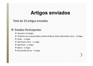 Total de 23 artigos enviados 
 Estados Participantes 
 TTooccaannttiinnss 1133 aarrttiiggooss 
 Tocantins em conjunto Bahia, Distrito Federal, Goiás, Maranhão e Acre - 5 artigos 
 Goiás - 1 artigo 
 São Paulo e Pará – 1 artigo 
 São Paulo – 1 artigo 
 Bahia – 1 artigo 
 Rio Grande do Sul – 1 artigo 
 