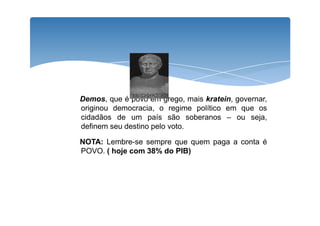 Demos, que é povo em grego, mais kratein, governar, 
originou democracia, o regime político em que os 
cidadãos de um país ssããoo ssoobbeerraannooss –– oouu sseejjaa,, 
definem seu destino pelo voto. 
NOTA: Lembre-se sempre que quem paga a conta é 
POVO. ( hoje com 38% do PIB) 
 