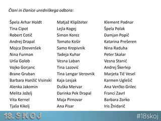 Člani in članice uredniškega odbora: 
Špela Arhar Holdt 
Tina Cipot 
Robert Cotič 
Andrej Drapal 
Mojca Drevenšek 
Nina Furman 
Urša Golob 
Vojko Gorjanc 
Brane Gruban 
Barbara Hanžič Visinski 
Alenka Jakomin 
Melita Joželj 
Vita Kernel 
Tjaša Kikelj 
Matjaž Klipšteter 
Lejla Kogej 
Simon Korez 
Tomato Košir 
Samo Kropivnik 
Tadeja Kuhar 
Vesna Laban 
Tina Lazović 
Tina Lengar Verovnik 
Kaja Lesjak 
Duška Mervar 
Darinka Pek Drapal 
Maja Pirnovar 
Ana Pisar 
Klement Podnar 
Špela Polak 
Damjan Popič 
Katarina Prešeren 
Nina Raduha 
Peter Skalar 
Vesna Stanič 
Andrej Škerlep 
Marjeta Tič Vesel 
Karmen Uglešič 
Ana Verčko Grilec 
Franci Zavrl 
Barbara Zorko 
Iris Žnidarič 
 