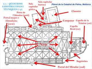 Portal major o
Almudaina
(oest)
Naus
Portal del Mirador (sud)
Porta de
l’Almoina (nord)
Capella
Reial (est)
Capella de la
Trinitat (est)
Sagristies
Sala capitular
barrocaSala
capitular
gòtica
Claustre
Campanar
Plànol de la Catedral de Palma, Mallorca2.1.- QÜESTIONS
CONSTRUCTIVES I
TÈCNIQUES (1 p)
 