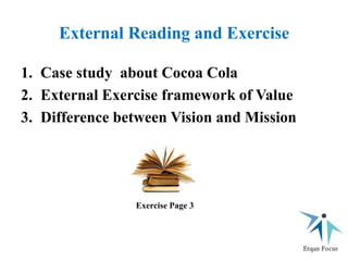 External Reading and Exercise
1. Case study about Cocoa Cola
2. External Exercise framework of Value
3. Difference between Vision and Mission
Exercise Page 3
 