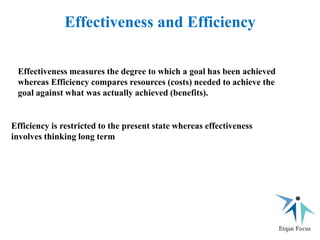 Efficiency is restricted to the present state whereas effectiveness
involves thinking long term
Effectiveness measures the degree to which a goal has been achieved
whereas Efficiency compares resources (costs) needed to achieve the
goal against what was actually achieved (benefits).
Effectiveness and Efficiency
 