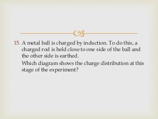 
15. A metal ball is charged by induction. To do this, a
charged rod is held close to one side of the ball and
the other side is earthed.
16. Which diagram shows the charge distribution at this
stage of the experiment?
 