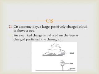 
21. On a stormy day, a large, positively-charged cloud
is above a tree.
22. An electrical charge is induced on the tree as
charged particles flow through it.
 