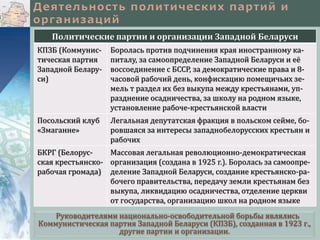 Руководителями национально-освободительной борьбы являлись
Коммунистическая партия Западной Беларуси (КПЗБ), созданная в 1923 г.,
другие партии и организации.
Политические партии и организации Западной Беларуси
КПЗБ (Коммунис-
тическая партия
Западной Белару-
си)
Боролась против подчинения края иностранному ка-
питалу, за самоопределение Западной Беларуси и её
воссоединение с БССР, за демократические права и 8-
часовой рабочий день, конфискацию помещичьих зе-
мель т раздел их без выкупа между крестьянами, уп-
разднение осадничества, за школу на родном языке,
установление рабоче-крестьянской власти
Посольский клуб
«Змаганне»
Легальная депутатская фракция в польском сейме, бо-
ровшаяся за интересы западнобелорусских крестьян и
рабочих
БКРГ (Белорус-
ская крестьянско-
рабочая громада)
Массовая легальная революционно-демократическая
организация (создана в 1925 г.). Боролась за самоопре-
деление Западной Беларуси, создание крестьянско-ра-
бочего правительства, передачу земли крестьянам без
выкупа, ликвидацию осадничества, отделение церкви
от государства, организацию школ на родном языке
 