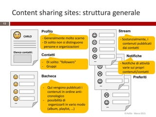 

…


Preferiti


…


Notifiche
Content sharing sites: struttura generale
R.Polillo - Marzo 2015
13
CARLO
Elenco contatti:
Profilo
Contatti
…
Bacheca



…

Stream
- Generalmente molto scarno
- Di solito non si distinguono
persone e organizzazioni
- Di solito: "followers"
- Gruppi
- Qui vengono pubblicati i
contenuti in ordine anti-
cronologico
- possibilità di
organizzarli in vario modo
(album, playlist, …)
- Sostanzialmente, i
contenuti pubblicati
dai contatti
- Notifiche di attività
varie sui propri
contenuti/contatti
 