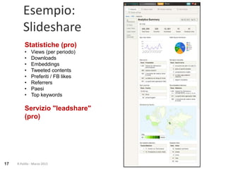 R.Polillo - Marzo 201517
Esempio:
Slideshare
Statistiche (pro)
• Views (per periodo)
• Downloads
• Embeddings
• Tweeted contents
• Preferiti / FB likes
• Referrers
• Paesi
• Top keywords
Servizio "leadshare"
(pro)
 