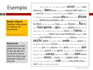 Esempio
R.Polillo - Marzo 2015
34
Dante, Inferno
Tagcloud delle parole
con almeno 30
occorrenze
www.tagcrowd.com
Stopwords:
ch'a ch'al ch'e ch'el
ch'elli ch'io che con
d'i d'un de del di il l
l'un la le li lo lor lui
ma mi ne nel or qua
qual quei si tal ti un
una uno
 