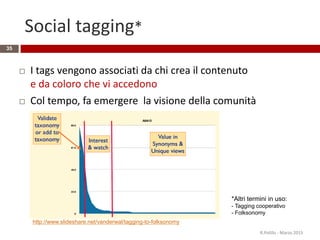 Social tagging*
35
 I tags vengono associati da chi crea il contenuto
e da coloro che vi accedono
 Col tempo, fa emergere la visione della comunità
R.Polillo - Marzo 2015
*Altri termini in uso:
- Tagging cooperativo
- Folksonomy
http://www.slideshare.net/vanderwal/tagging-to-folksonomy
 