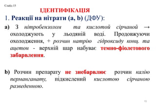 1. Реакції на нітрати (a, b) (ДФУ):
а) З нітробензолом та кислотой сірчаной →
охолоджують у льодяній воді. Продовжуючи
охолодження, + розчин натрію гідроксиду конц. та
ацетон - верхній шар набуває темно-фіолетового
забарвлення.
b) Розчин препарату не знебарвлює розчин калію
перманганату, підкислений кислотою сірчаною
разведенною.
15
ІДЕНТИФІКАЦІЯ
Слайд 15
 