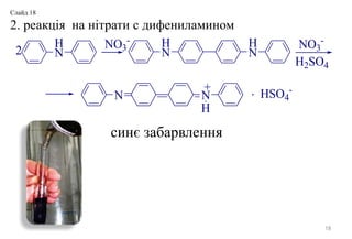 2. реакція на нітрати с дифениламином
18
H
N
NO3
-
2
H
N
H
N
NO3
-
H2SO4
N N HSO4
-
H
+
синє забарвлення
Слайд 18
 