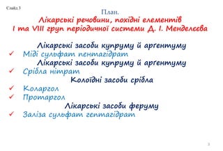 3
Лікарські засоби купруму й арґентуму
 Міді сульфат пентагідрат
Лікарські засоби купруму й арґентуму
 Срібла нітрат
Колоїдні засоби срібла
 Коларгол
 Протаргол
Лікарські засоби феруму
 Заліза сульфат гептагідрат
План.
Лікарські речовини, похідні елементів
I та VIII груп періодичної системи Д. І. Менделєєва
Слайд 3
 